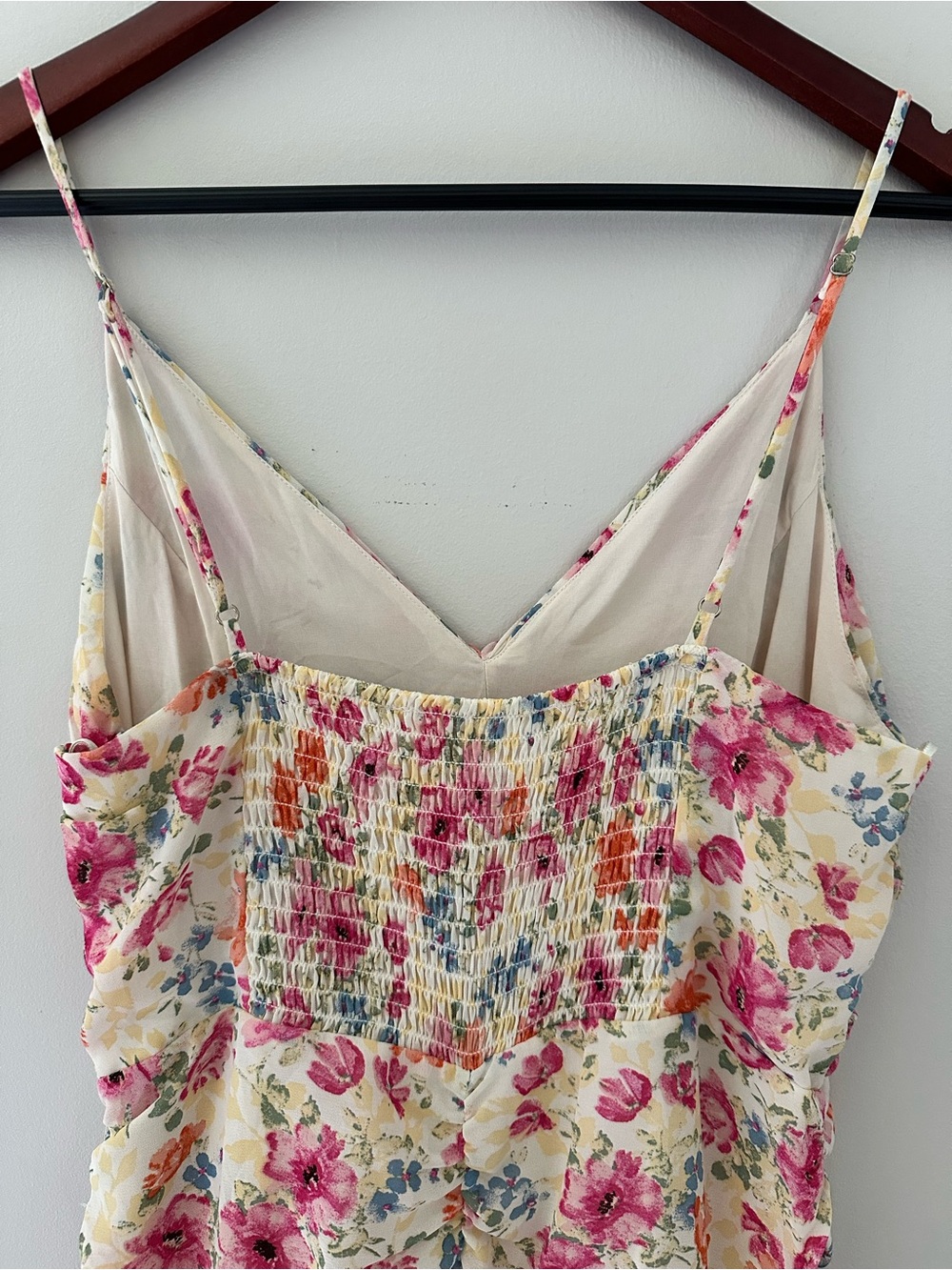 ASTR The Label Floral Ruched Flounce Mini Slip Dress -Cream Pink Blue Multicolor - Picture 5 of 14